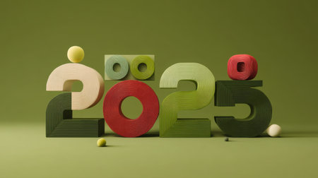 A captivating 3D design of the numbers 2025 with an array of colorful shapes and textures set against a soothing green backdrop.の素材