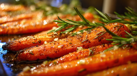 Captivating freshly roasted carrots adorned with fragrant rosemary and garlic, showcasing vivid colors and tempting textures for a delightful dish.の素材