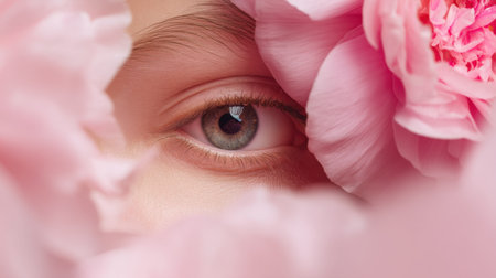 This captivating close-up showcases a human eye framed by soft pink flower petals, highlighting natural beauty and evoking a sense of tranquility and introspection.の素材