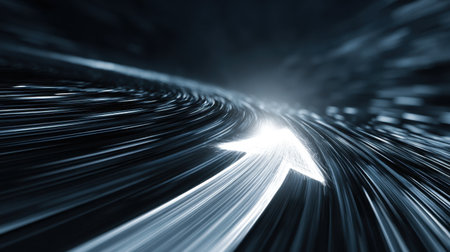 This abstract image features dynamic light trails with a prominent arrow, symbolizing speed and direction in a blurred motion effect. Ideal for creative projects.の素材