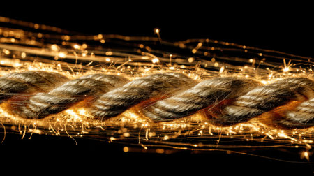 A stunning close-up of a twisted rope illuminated by sparkling light, conveying an artistic blend of texture and motion against a black backdrop.の素材
