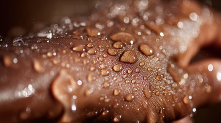 This close-up image captures glistening water droplets on a smooth skin surface, showcasing the beauty of natural textures and light.の素材