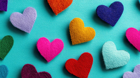A vibrant arrangement of colorful felt hearts on a turquoise background, perfect for expressing love, friendship, and creativity in crafts.の素材