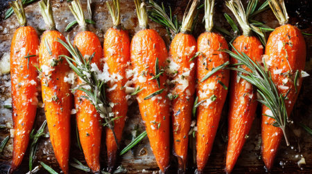 This image showcases freshly roasted carrots adorned with herbs and sea salt, capturing the essence of healthy and vibrant cooking. Perfect for food enthusiasts.の素材