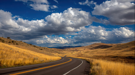 A peaceful road winds through golden grasslands under a dramatic sky filled with fluffy clouds, showcasing a serene rural landscape perfect for travelers.の素材