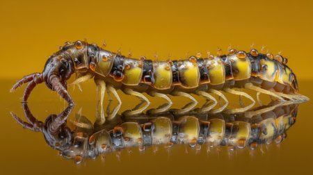 This striking macro view showcases a caterpillar glistening under studio lighting, highlighting intricate patterns and anatomy against a vibrant yellow backdrop.の素材