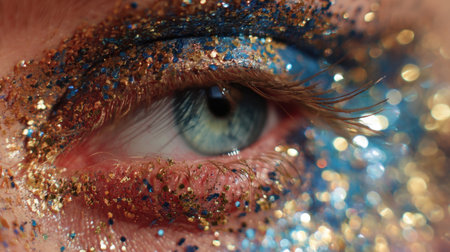 This striking close-up captures an eye adorned with colorful glitter makeup, blending shimmering hues with enchanting light reflections for an artistic appeal.の素材