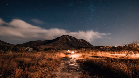 A calm mountain landscape captured at night, featuring a starry sky with soft clouds and a visible pathway leading into the wilderness, perfect for nature enthusiasts.の素材