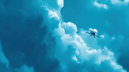 An airplane gracefully soars above vibrant blue clouds, showcasing an extraordinary blend of aviation and nature, evoking a sense of peace.の素材