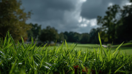 A striking view of lush green grass in the foreground with a dramatic cloudy sky above, showcasing a scenic golf course landscape.の素材
