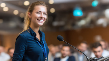 A confident young woman smiles while standing at a microphone, ready to engage her audience during a professional conference setting.の素材