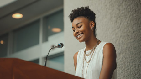 A young woman stands at a podium, smiling brightly as she delivers an engaging speech at a public event, showcasing confidence and joy.の素材