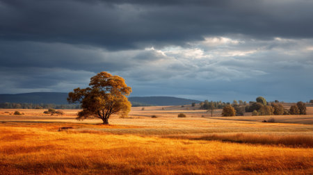 A stunning autumn landscape featuring a single tree standing in a golden field under a dramatic sky filled with clouds. The tranquil scene captures nature's beauty at dusk, showcasing vibrant colors and a serene atmosphere.の素材