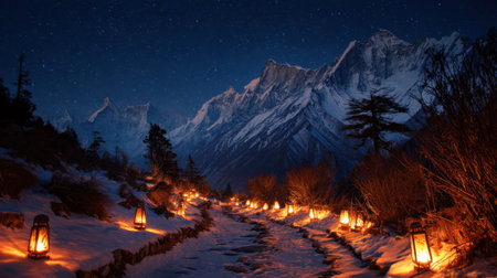 A tranquil mountain pathway illuminated by warm lantern light, surrounded by snow and trees, under a breathtaking starry night sky.の素材