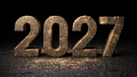 This stunning image features sparkling golden numbers representing the year 2027, set against a dark background, perfect for celebration themes.の素材