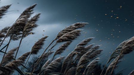 A captivating scene of windswept grass under a dark stormy sky showcases the beauty and drama of nature at dusk, evoking a sense of tranquility.の素材