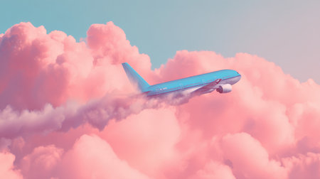 A stunning image of an airplane ascending through fluffy pink clouds, capturing a tranquil moment in aviation, perfect for travel enthusiasts.の素材