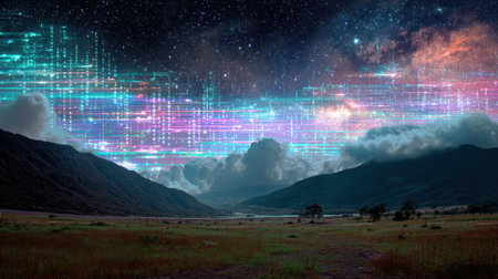 A captivating digital artwork showcasing a stunning night sky filled with stars, illuminated by vibrant colors and abstract patterns over a serene valley and mountains.の素材