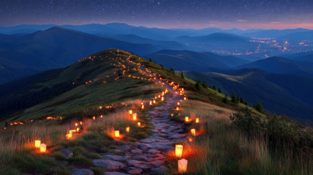 A stunning night scene showcasing a winding mountain path illuminated by lanterns, set against a backdrop of a starry sky and distant city lights.の素材
