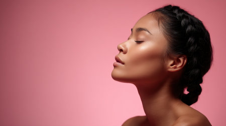 This stunning portrait captures a young woman's serene profile against a soft pink backdrop, emphasizing her elegant features and calm demeanor.の素材