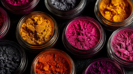 A captivating arrangement of vibrant colored powders displayed in clear jars. Ideal for artists, designers, and crafters seeking inspiration, showcasing texture and vivid shades against a dark background.の素材