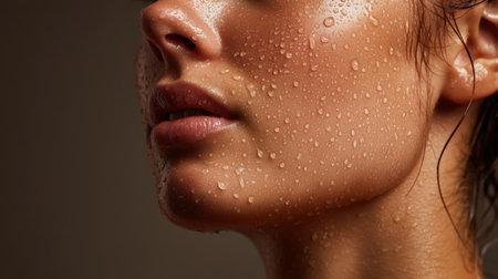 This exquisite close-up portrays a woman's face highlighted by shimmering water drops, revealing soft skin texture and natural beauty.の素材