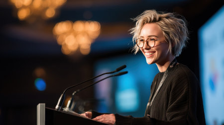A confident young woman with stylish short blonde hair and glasses speaks at a podium during a lively conference, engaging the audience.の素材