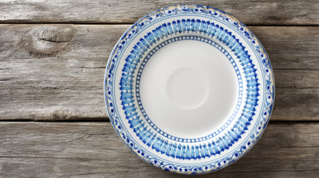 Captivating blue and white decorative plate resting on a rustic wooden table. Perfect for culinary and dining imagery showcasing style and elegance.の素材