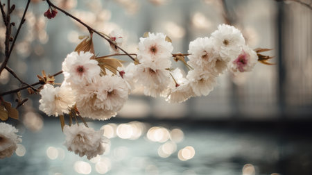 A stunning closeup of a branch adorned with delicate white blossoms, gently illuminated by soft morning light reflecting on water.の素材
