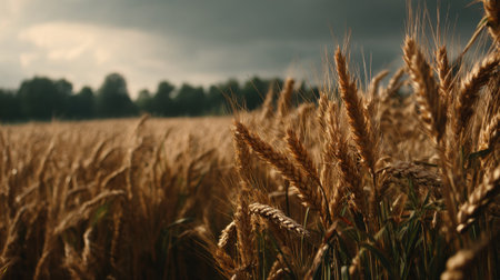 A serene depiction of a golden wheat field set against a stormy sky. Soft light highlights the wheat, creating depth. This image captures the beauty of rural agriculture and nature's contrast.の素材