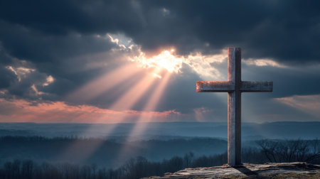 A striking landscape featuring a cross silhouette against a dramatic sky, with rays of light illuminating the serene mountains at sunrise.の素材