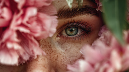 Captivating close-up of a human eye framed by soft pink flowers, showcasing delicate freckles and lush green leaves, radiating natural beauty and serenity.の素材