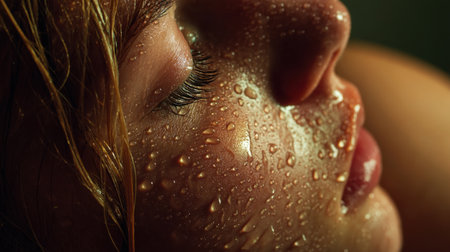 A captivating close-up of a serene face adorned with glistening water droplets, showcasing natural beauty under soft light that evokes tranquility.の素材