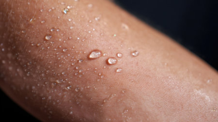 A captivating close-up image showcasing a textured skin surface adorned with water droplets, reflecting a refreshing and natural aesthetic in soft light.の素材