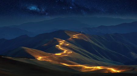 Capture the breathtaking beauty of a winding mountain road under a starry night sky, featuring a soft glow that illuminates the landscape, radiating tranquility and peace.の素材