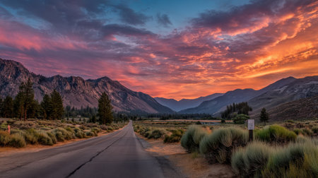 A stunning sunset illuminates a winding road through mountains, showcasing vibrant colors in the sky and lush landscape. Perfect for nature lovers.の素材
