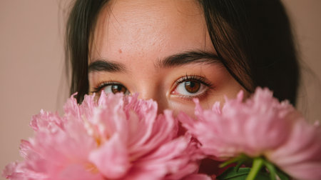 A close-up portrait captures a young woman with expressive eyes peeking from behind lush pink flowers, showcasing natural beauty and tranquility.の素材