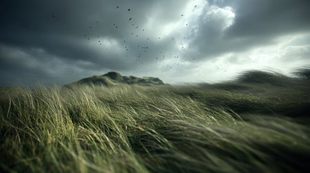 A captivating landscape featuring tall grass swaying in the wind beneath a moody sky filled with clouds and birds flying overhead.の素材