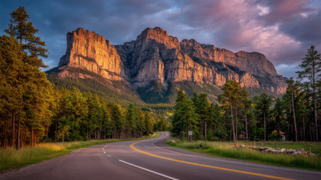 A winding road leads through dense green forests, revealing stunning mountain peaks illuminated by a vibrant dusk sky. Ideal for nature lovers.の素材