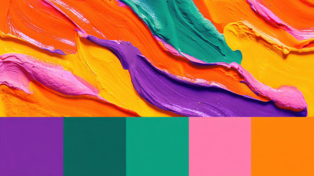 This vibrant abstract image features bold paint strokes in vivid colors, complemented by a harmonious color palette at the bottom, offering creative inspiration for artists and designers.の素材