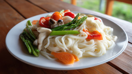 A vibrant plate of vegetable noodles featuring fresh asparagus, tomatoes, and mushrooms, perfect for a healthy meal or dinner option.の素材