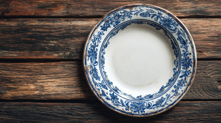 A vintage decorative plate featuring a beautiful blue floral pattern rests on a weathered wooden surface, evoking nostalgia and charm.の素材
