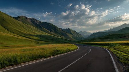 A beautiful winding road meanders through lush green valleys and towering mountains, illuminated by soft sunlight under a dramatic sky.の素材