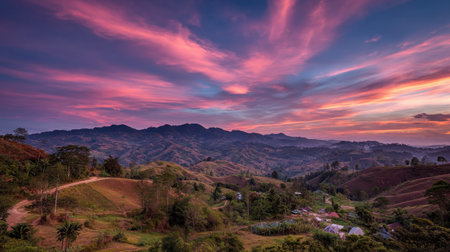 Experience the beauty of a stunning sunset illuminating the hills and mountains, creating a scenic rural landscape filled with color.の素材