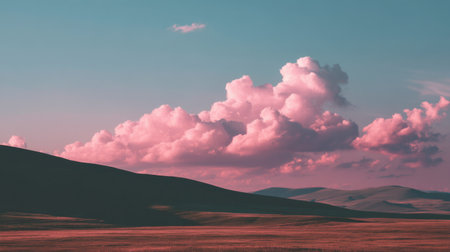 A captivating landscape featuring gentle rolling hills and soft pink clouds against a calming blue sky. Perfect for nature lovers.の素材