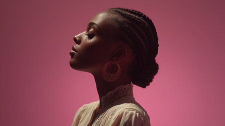 Captivating portrait of a young woman showcasing her elegant profile, adorned with braided hair and earrings, set against a soft pink backdrop.の素材