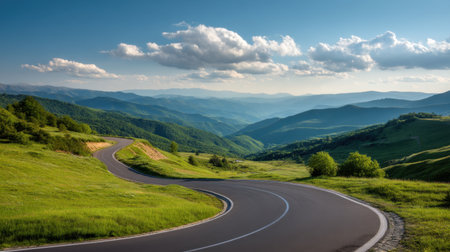 A picturesque scene of a winding road meandering through lush green hills, showcasing distant mountains and a vibrant blue sky adorned with clouds.の素材