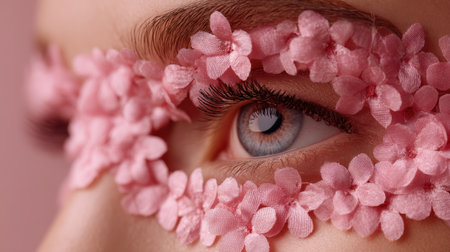 This artistic close-up image showcases a mesmerizing eye adorned with delicate pink flower petals, highlighting beauty and creativity in fashion photography.の素材