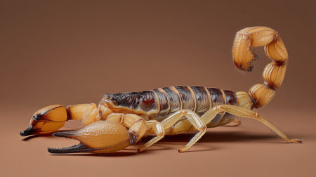 This close-up image features a vivid scorpion against a brown backdrop, highlighting its intricate details and textures, perfect for nature enthusiasts.の素材