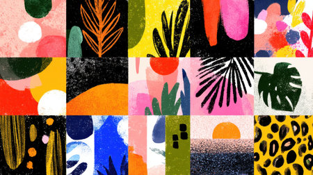 Explore a collection of vibrant abstract backgrounds featuring colorful shapes, textures, and plant motifs, ideal for inspiring creative design projects.の素材